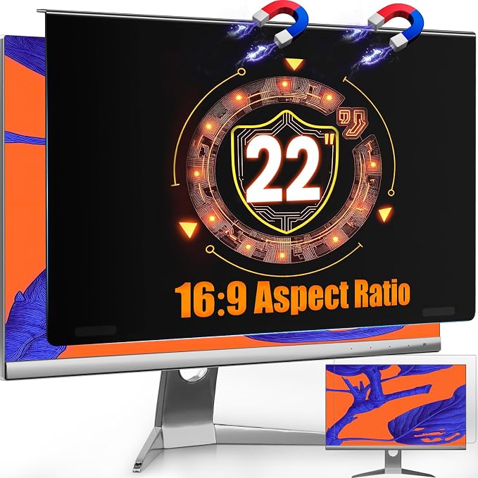 Magnetic Privacy Screen Filter for 22 Inch Computer Monitor 16:9 Aspect Ratio, Removable Hanging Privacy Screen Shield Eye Protection, 22in Anti Blue Light Filter, Anti-Glare Protector