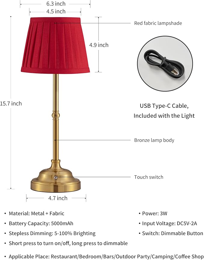 KDG Cordless LED Table Lamp Set of 2, Portables Fabric Shade Desk Lamps, 4000mAh Rechargeable Battery Powered Lighting, Dimmable Light for Dining Room, Bedroom, Bedside, Night Light, Balcony (Red)