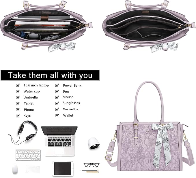 MOSISO Laptop Bag for Women, 17-17.3 inch PU Leather Tote Bag Compatible with MacBook, HP, Dell, Asus Notebook, Front Embossed Retro Hibiscus Computer Bags with Silk Scarf&Clutch Purse, Dusty Lilac