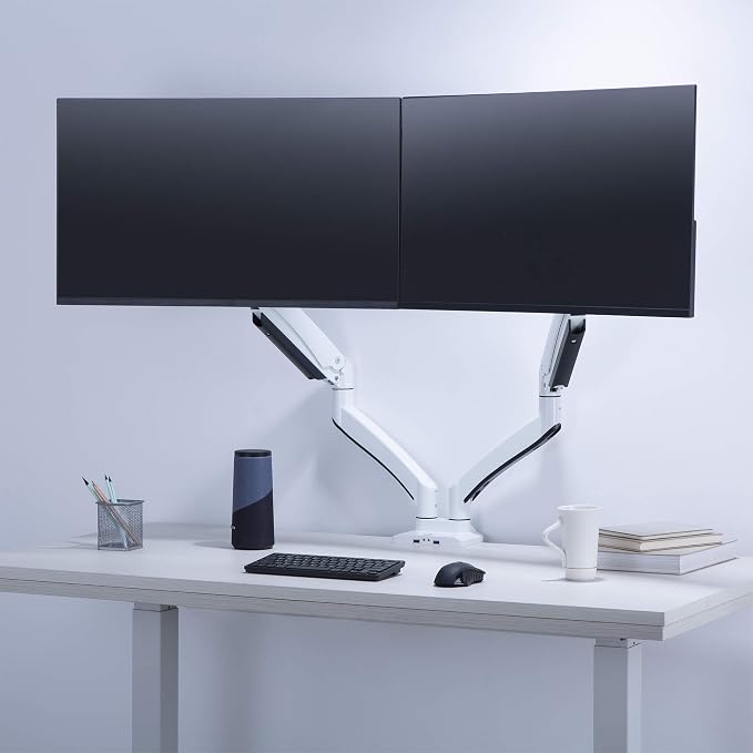 AVLT Dual Monitor Arm Desk Mount for 13"–43" Flat/Curved Screens with USB-A Pass-Through, Full Motion Height Adjustable Swivel Tilt Rotation VESA/C-Clamp/Grommet/Cable Management, White