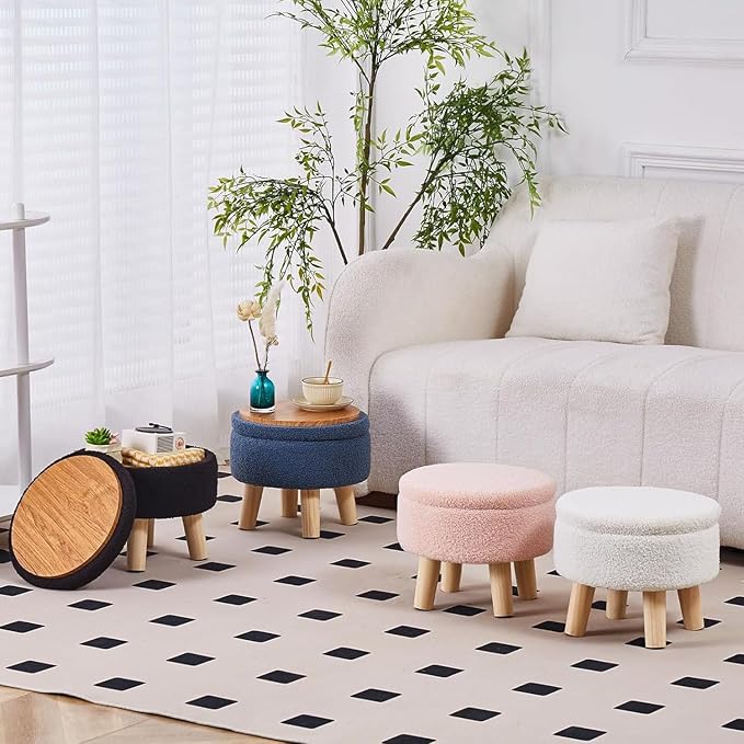 Wimarsbon Storage Ottoman, Modern Round Footrest with Soft Padded Seat, Teddy Velvet Footstool with Wood Legs, Accent Small Table or Plant Stand for Hallway, Living Room (Grey-Blue)