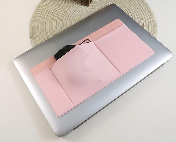 AMOZIFY® 3-Pocket Organizer, Mouse Holder for Laptop Stick On, Adhesive Pouch & External Hard Drive Sleeve, SSD Storage Case for MacBook, Reusable (Pink)