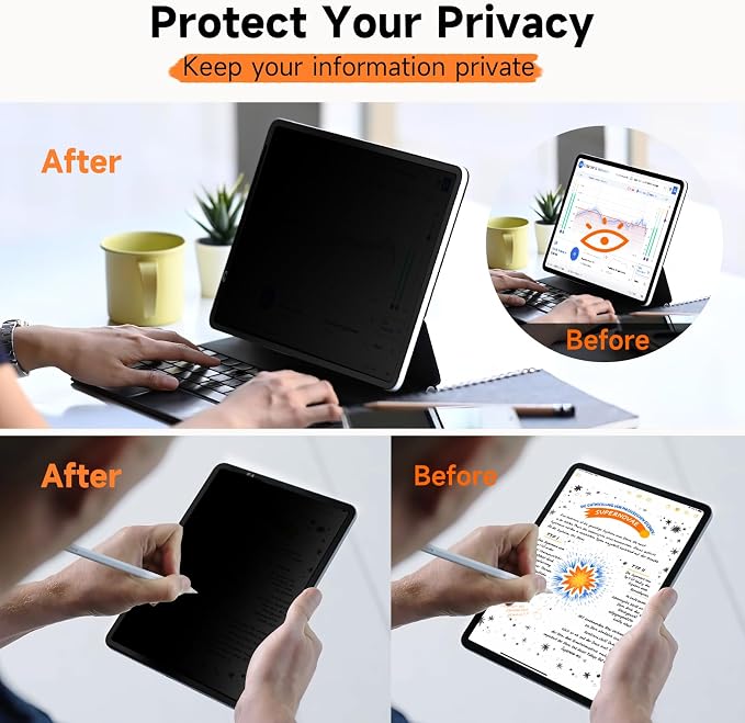 Upgrade 360° Privacy Screen Protector for iPad Air 11 inch M4 2026 & M3 2025 & M2 2024, (iPad Air 8th/7th/6th Generation), Magicsuction 4-Way Anti Spy Glare Blue Light Filter, Bubble Free/Reusable