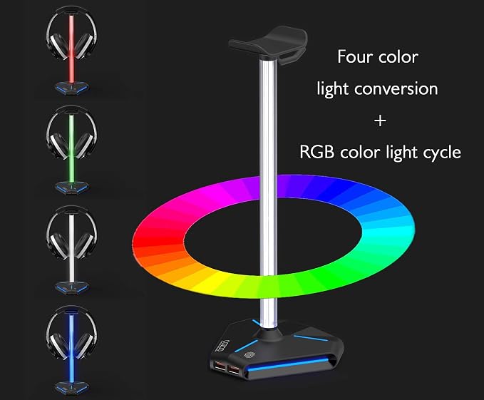 RGB Headphone Stand with 2 USB2.0 Extension Charging Port Extender Cord,Headset Stand Holder for Gamer Desktop Table Game Earphone Accessories,PC Gaming Accessories for Gamer,Gifts for Boyfriend