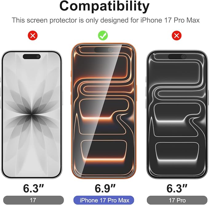 NEW'C 3x Screen Protector for iPhone 17 Pro Max (6.9 inches)+ 3x Camera Lens Protector, Sensor Protection, Case Friendly Tempered Glass Film, Ultra Resistant, Easy installation tool include