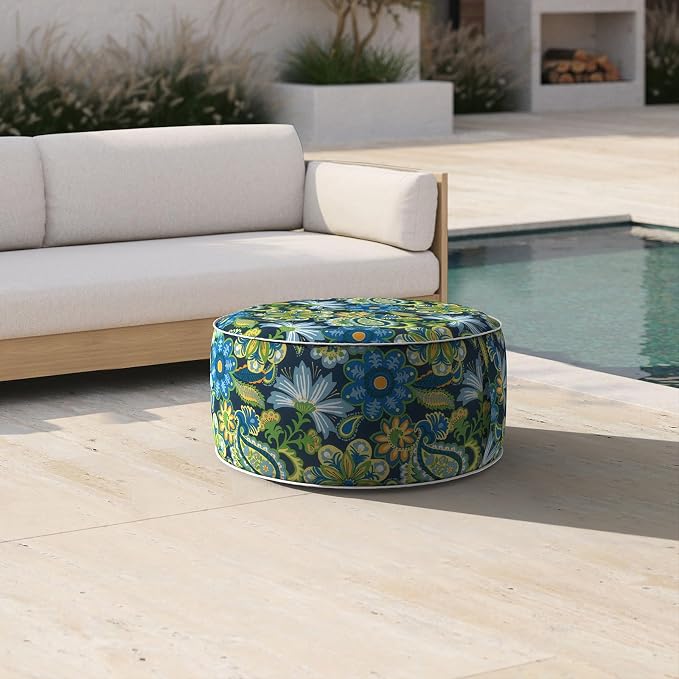 DYTXIII Inflatable Ottoman Stool D21 xH9 for Outdoor/Indoor Use, Water Repellent Patio Foot Rest with Portable Handle,Round Pouf Ottoman Suitable for Garden,Deck and Camping-Flower Child