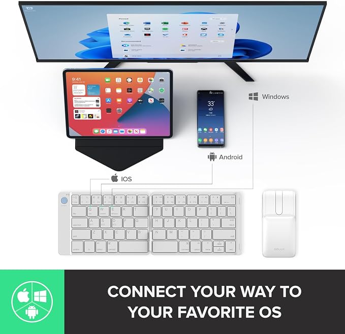 DELUX PockCombo Wireless Keyboard and Mouse with Protective Case, Foldable Bluetooth Keyboard, 2-in-1 Mini Sliding Wireless Mouse with Pointer, Portable Lightweight Mouse and Keyboard Combo (White)