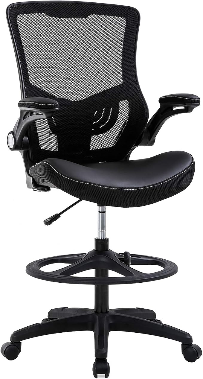 BestOffice Drafting Chair Ergonomic Tall Office Chair Standing Desk Chair with Flip Up Arms Foot Rest Back Support Adjustable Height Mesh Drafting Stool, Black