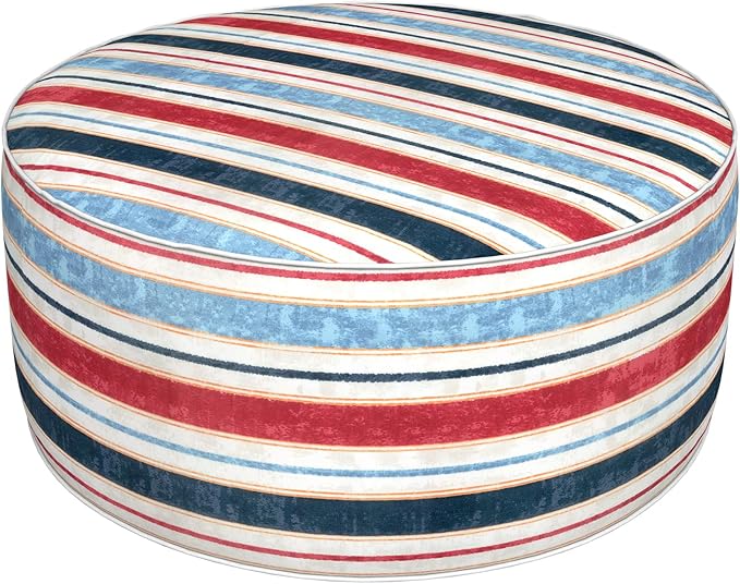 DYTXIII Inflatable Ottoman Stool D31 xH14 for Outdoor/Indoor Use, Water Repellent Patio Foot Rest Stool with Portable Handle,Round Pouf Ottoman Suitable for Garden,Deck and Camping - Stripe Red Blue