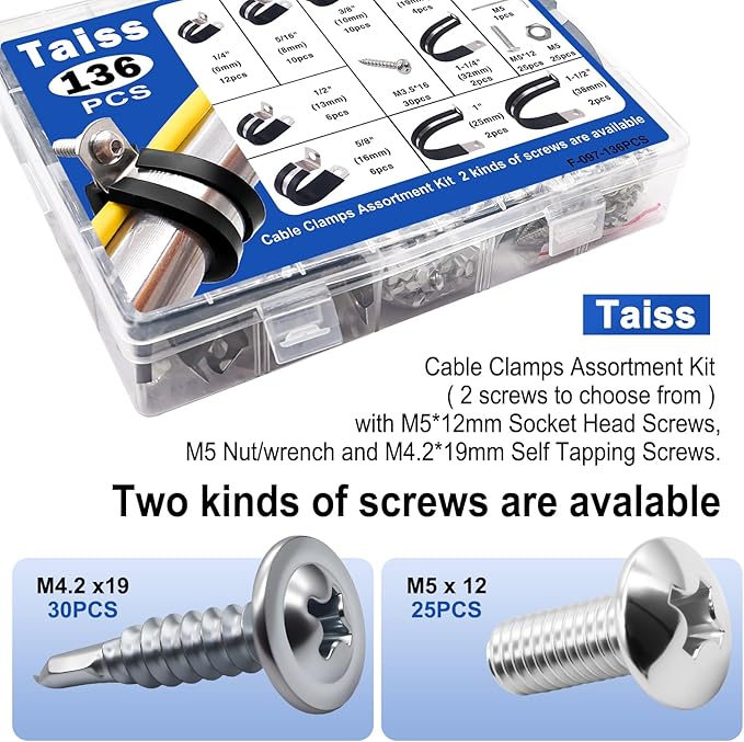 Taiss 222PCS Cable Clamps Assortment Kit 304 Stainless Steel Rubber Cushion Pipe Clamps 10 Sizes 1/4" 5/16" 3/8" 1/2" 5/8" 3/4" 1" 1-1/4" 1-1/2" 1-3/4" Metal Wire Clamps (with Two Kinds of Screws)