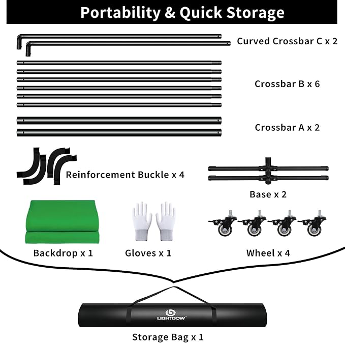 Lightdow 10x7ft Rolling Background Stand Kit with Green Screen Backdrop & Wheels & Portable Carrying Bag & Clamp & Gloves for Streaming/Studio Video Recording/Zoom Meeting/Party