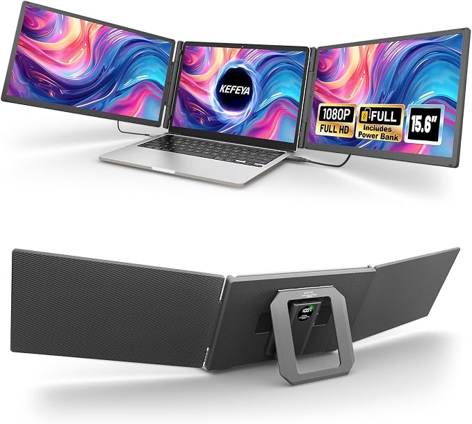 KEFEYA 15.6" Laptop Screen Extender with Magnetic Power Bank, FHD 1080P Triple Monitor Extender for 13-17" Laptop, Plug & Play via Type-C/HDMI/USB-A, Compatible with Mac/Windows/Android