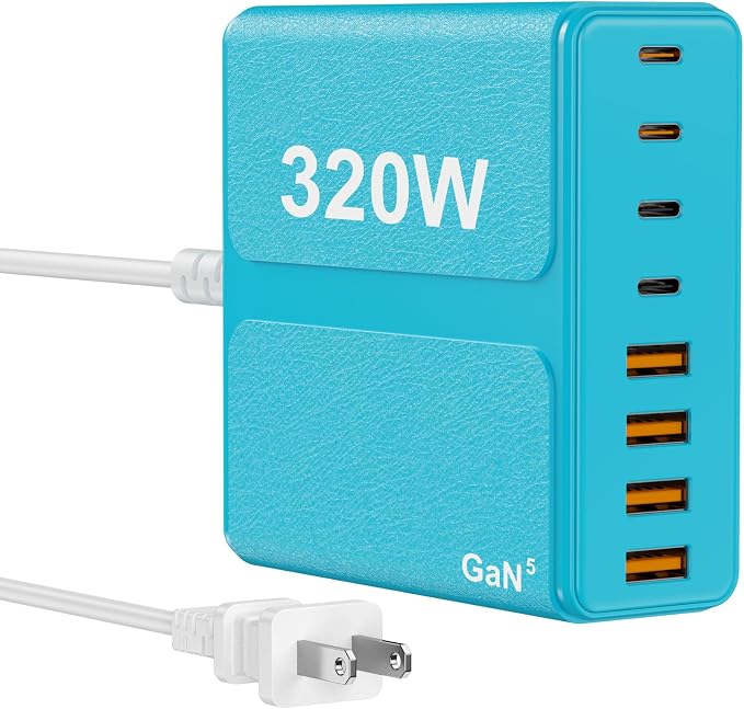 320W USB C Charger Block, 8-Port USB C Charging Station PD 65W PC Laptop Fast Charger Adapter for MacBookPro/Air,DELL,iPad,Portable Charging Station for iPhone,Samsung Galaxy (Blue)
