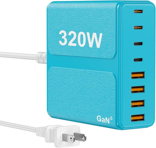 320W USB C Charger Block, 8-Port USB C Charging Station PD 65W PC Laptop Fast Charger Adapter for MacBookPro/Air,DELL,iPad,Portable Charging Station for iPhone,Samsung Galaxy (Blue)
