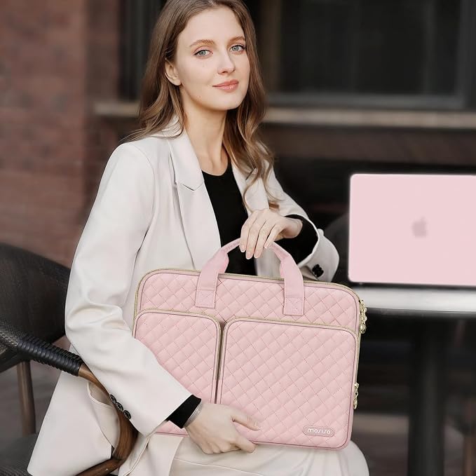 MOSISO 360 Protective Laptop Case 14 inch, 14 inch Laptop Sleeve Compatible with HP Lenovo Dell ASUS Acer, HP Stream, Dell Latitude, Square Quilted Bag Cover with 2 Pockets&Handle&Belt, Chalk Pink