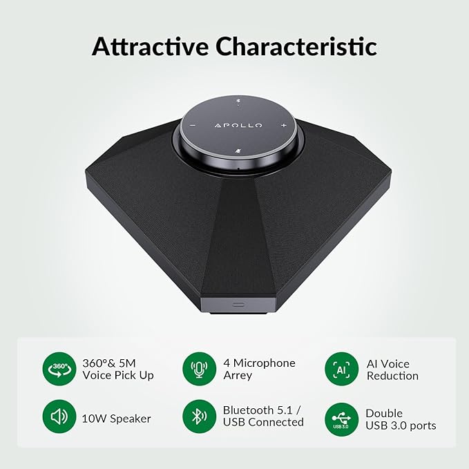 Conference Speaker and Microphone for Large Meeting Rooms, Daisy Chain Mics(Not included) for Up to 20 People, 360° Voice Pickup, AI Noise Reduction, 10W Speakerphone, USB/Bluetooth, Works with Zoom