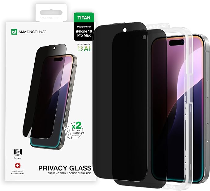AMAZINGthing for iPhone 16 Pro Max [Titan - Privacy] Screen Protector, Anti Spy, 9H Tempered Glass, Built-in Dust Filter Full Coverage, Case‑Friendly, Oleophobic, Bubble‑Free Application, 2 Pack