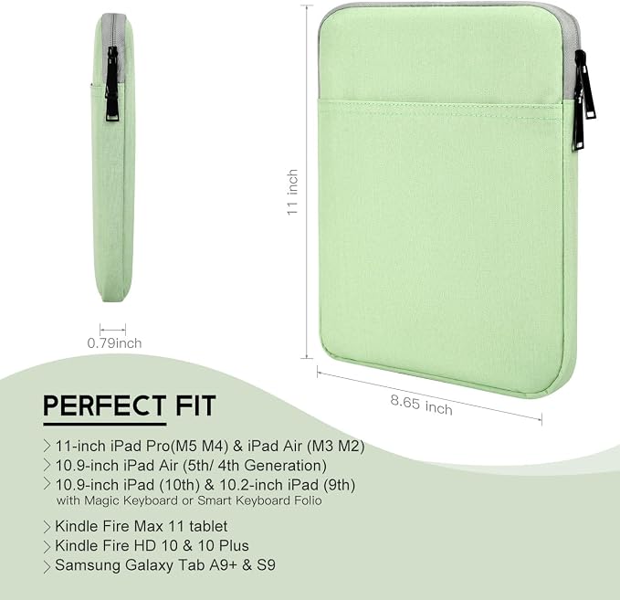 9-11 inch iPad Carrying Sleeve, Shockproof Travel Tablet Case for iPad Pro 11 M5 M4 2025, iPad Air 11 M4 M3/ 10.5 M2/ Pro 11 M2/ 10th 10.9, Galaxy Tab A9+ 11" Bag -Mint Green