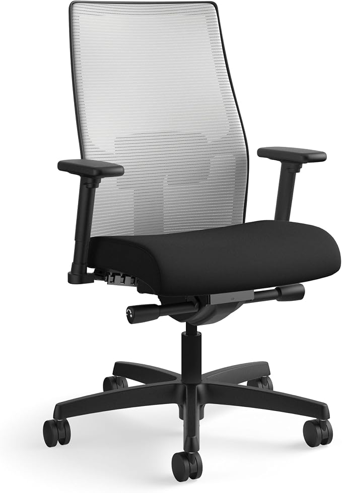 HON Ignition 2.0 Mid‑Back Ergonomic Office Chair, Mesh Task Seating with Lumbar Support, Advanced Synchro‑Tilt, Height and Width Adjustable Arms, Black Frame, Fog