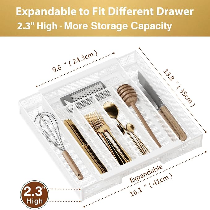 Sedegn Silverware Organizer Metal Mesh, Drawer Organizer, Utensil Cutlery Tray for kitchen drawers,Expandable Flatware Organizer with 7 Compartment White 9.6"~16.1" x 13.8"