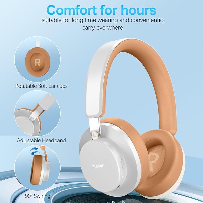 Over Ear Headphones Wireless Bluetooth, Noise Cancelling Headphones Bluetooth with Microphone, Cancelling Wireless Headphones Over Ear, 65h Playtime, Clear Calls, Comfort Fit For Travel (Grey Brown)