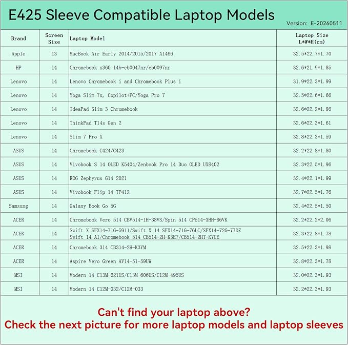 Smatree Elite Laptop Sleeve for 14 inch Apple MacBook Air Early, HP Chromebook, Lenovo Yoga Slim/Chromebook/ThinkPad/IdeaPad, ASUS Zenbook/Vivobook/ROG, Samsung, Protective Case with Pocket(E425)