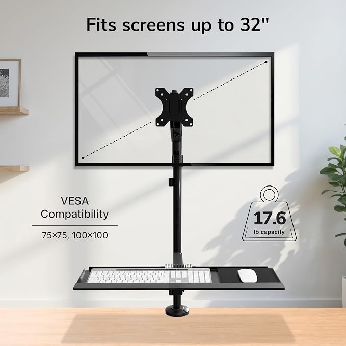 Mount-It! Sit-Stand Monitor Arm Desk Mount with Keyboard Tray, Single Monitor Fits Up to 32”, Height Adjustable Gas Spring, Full Motion Articulating Arm, Clamp or Grommet, Black