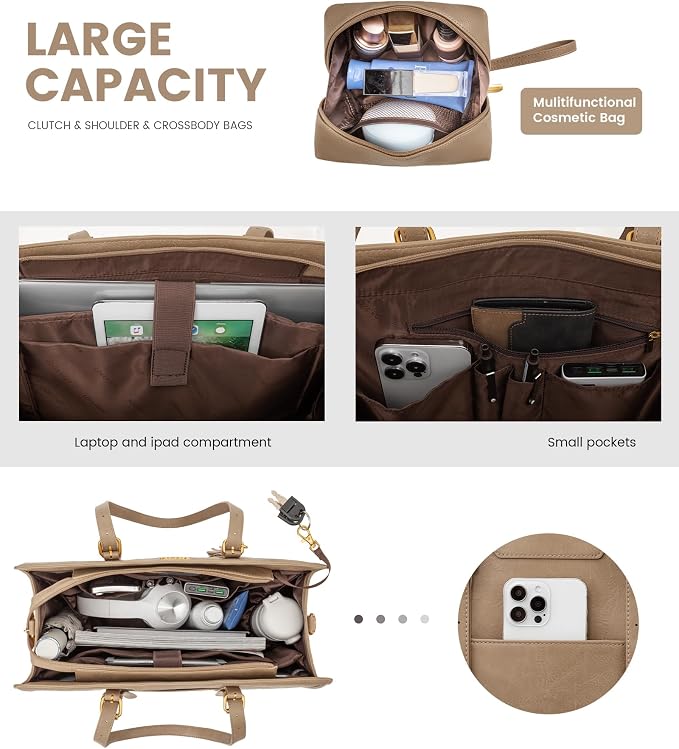 LOVEVOOK Laptop Bag for Women Vintage Leather Work Tote 15.6 inch Large Capacity Computer bag with Clutch Purse for Office, Travel, School, Casual