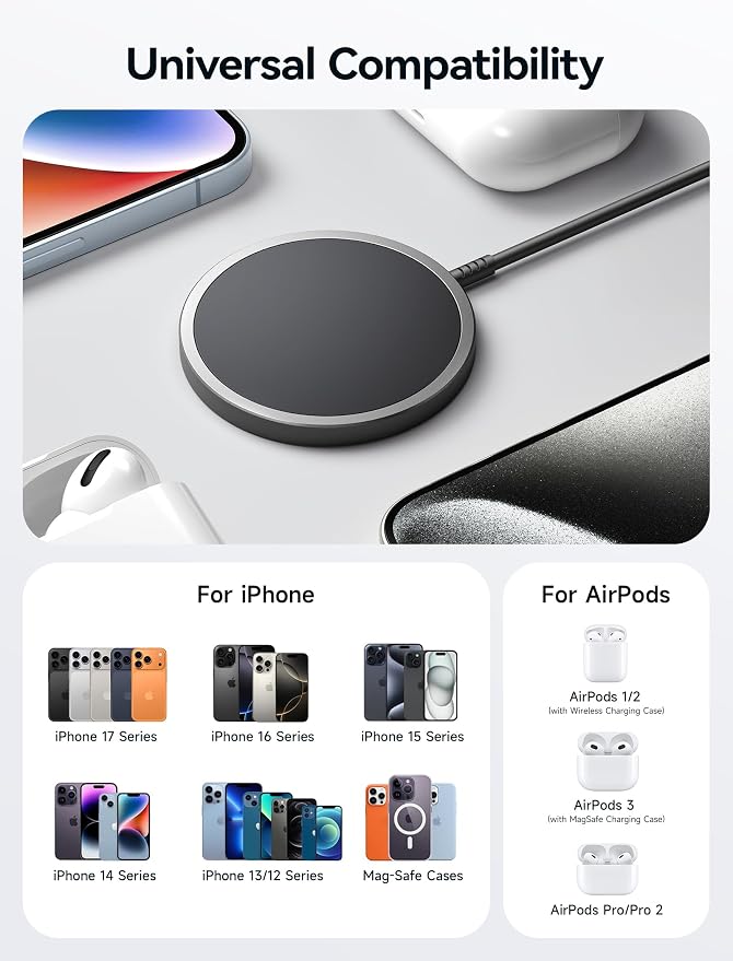 JSAUX Magnetic Wireless Charger Compatible with MagSafe Charger/iPhone 16/16 Pro/16 Plus/16 Pro Max/iPhone 15 Pro Max Plus/iPhone 14 13 12 Series, Wireless Mag Safe Charging Pad, Mag Charger (Black)