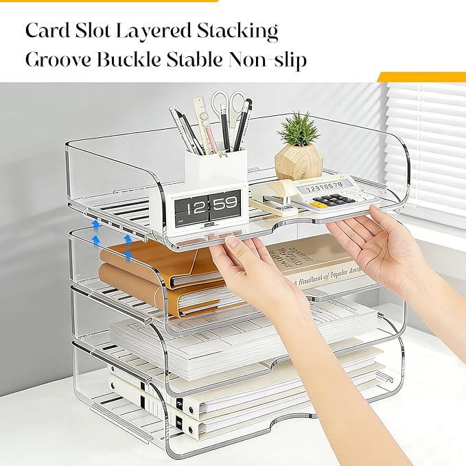 HIYOHIYO Clear Office A4 Paper Desk Organizer, Acrylic Desktop Organizer for A4 File Folder Stackable, Large Capacity Desk Letter Paper Holder, Organizer for Office File, 4 Tier Horizontal Style