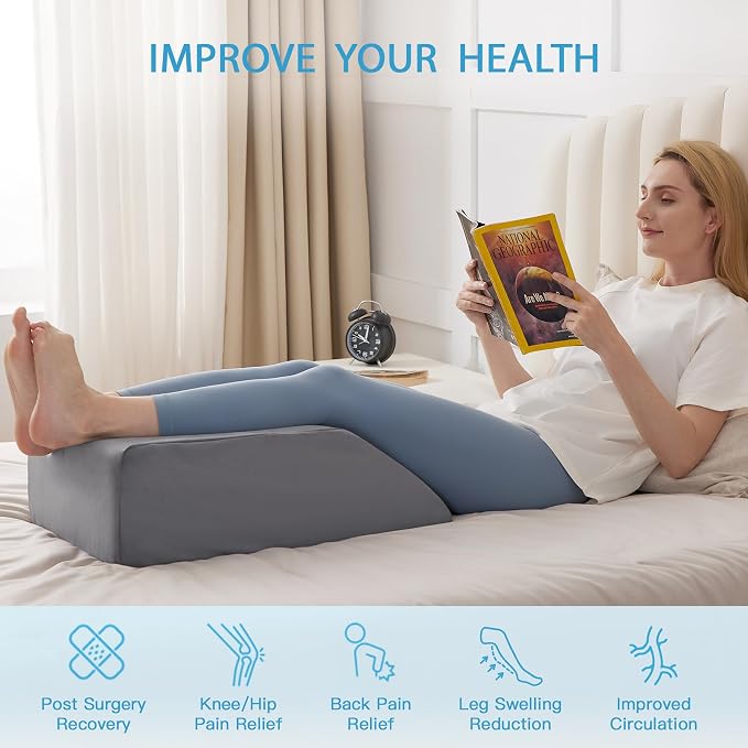 MEGCXIT Leg Pillow Elevation Blood Circulation, Leg Wedge for Elevation for Swelling, Leg Elevating Pillow for After Surgery, Memory Foam Foot Knee Pillow for Back Sleeping 24×22×8 Inch Grey Plush