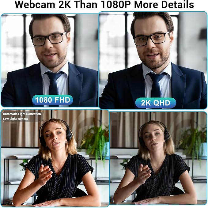 Hprosper 2K Webcam with Microphone, Automatic Light Correction & Privacy Cover, Wide Angle USB Camera for PC, Laptop, Mac, Zoom, Gaming, Streaming, Conference Room, Video Conferencing