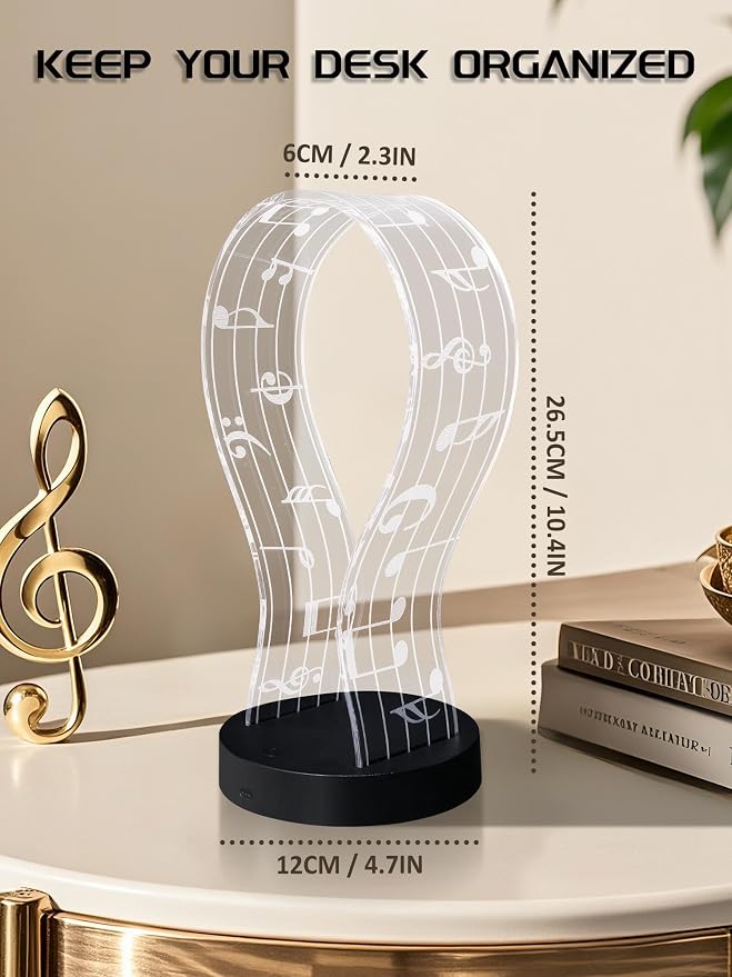 CoolGift Mart Light Up Headphone Stand with 16 Color Lights, Music Notes Pattern Acrylic Headset Stand with 1 USB and 1 Type-C Charging Ports, Gifts for Gamers Men and Music Lovers
