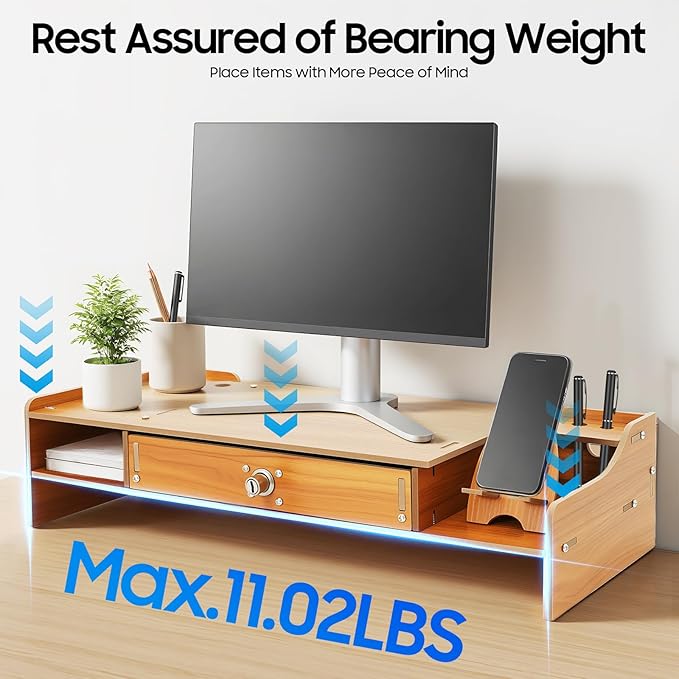 Wooden Monitor Stand for Desk, Monitor Riser Computer Stand Desktop Storage Stand for Computer Monitor Stand with Drawer and Lock Laptop Desktop Organizer for Home Office 19" x 7.9"