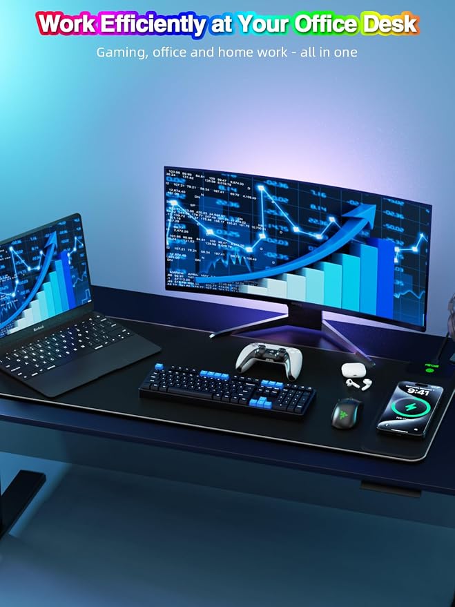 Wireless Charging Mouse Pad, 31.5"x11.81" XL Gaming Mousepad with 11 RGB Colors & 5 Lighting Modes, Home Office Large Desk Pad, Ultra-Smooth Surface, Non-Slip, Waterproof Keyboard Pad Black Desk Mat