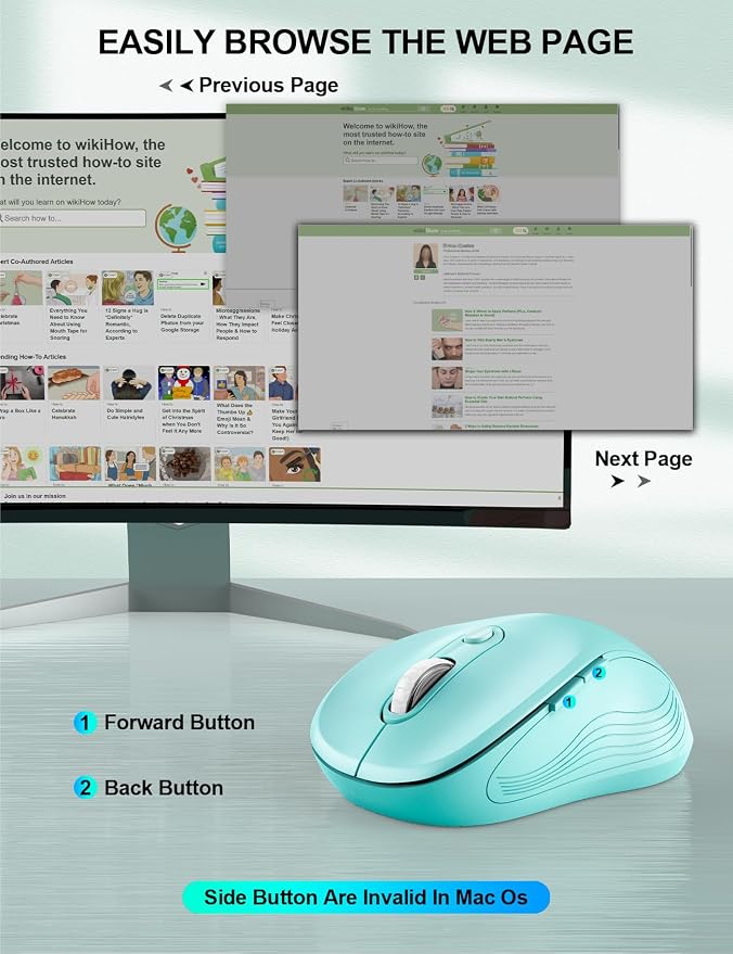 Trueque Wireless Mouse for Laptop, 2.4GHz Ergonomic Computer Mouse with Back & Forward Buttons, 3 Adjustable DPI Levels, 6 Buttons, Optical USB Cordless Mice for Windows PC, M01 (Mint Green)