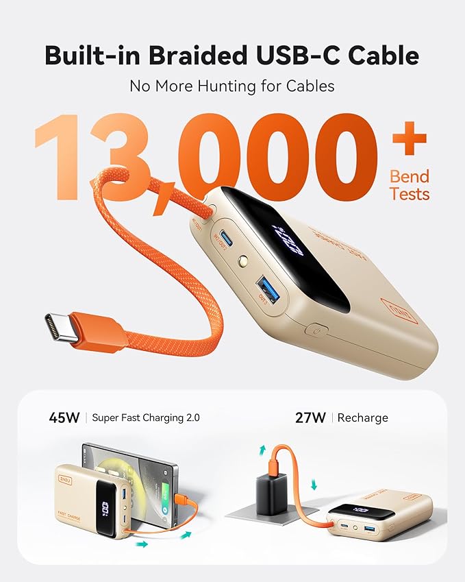 INIU 20000mAh Power Bank, Small 45W PD Fast Charging Portable Charger with Built-in USB C Cable, Flight-Safe Travel External Phone Battery Pack for iPhone 17 Pro Max Samsung S26 iPad etc, Beige