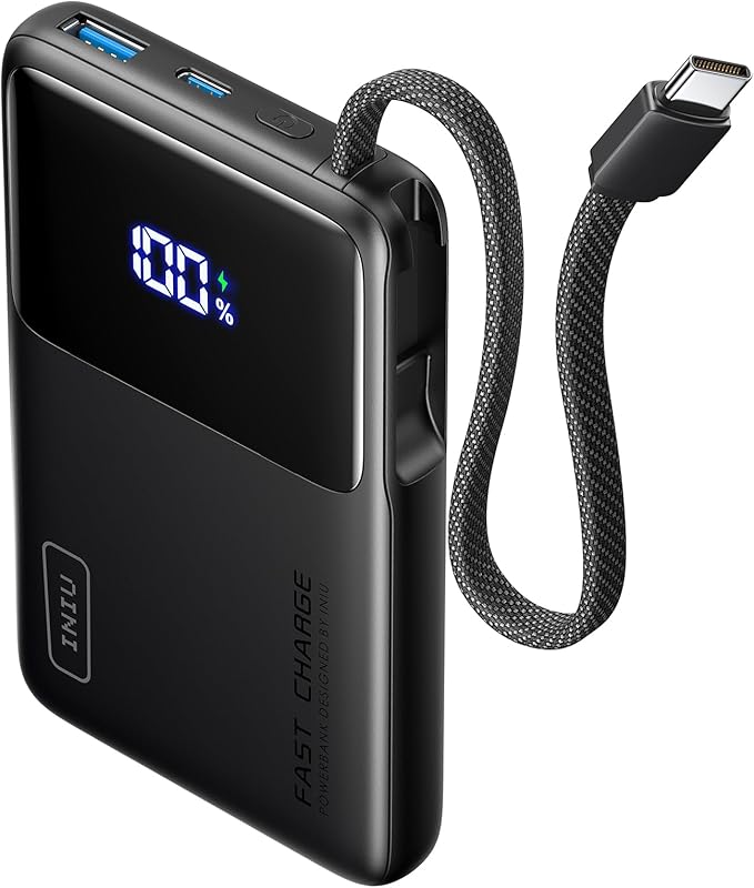 INIU 45W Power Bank, Slimmest 10000mAh Portable Charger with Built in USB-C Cable, Fast Charging USB C in&Out Battery Pack, Travel External Phone Charger for iPhone 17 16 15 Samsung S24 S23 Google etc