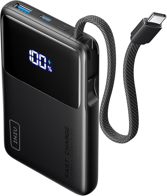 INIU 45W Power Bank, Slimmest 10000mAh Portable Charger with Built in USB-C Cable, Fast Charging USB C in&Out Battery Pack, Travel External Phone Charger for iPhone 17 16 15 Samsung S24 S23 Google etc