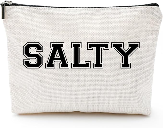 Funny Makeup Bag for Women - "SALTY" Sassy Cosmetic Pouch - Preppy Varsity Letter Style Travel Toiletry Organizer - Cute Beige Canvas Zipper Clutch for Beach Vacation, College Dorm & Best Friend Gift