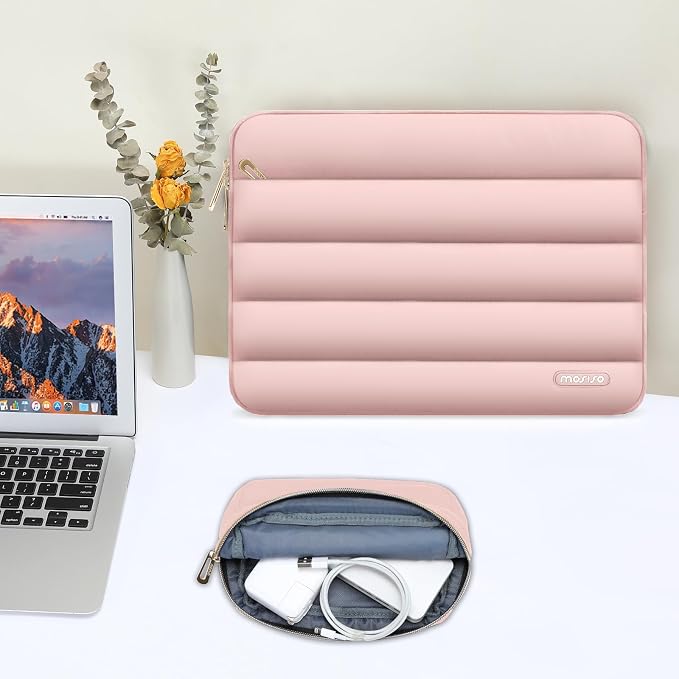MOSISO Laptop Case 17.3 inch, 17-17.3 inch Puffy Laptop Sleeve Compatible with Dell XPS/HP Pavilion/Ideapad/Acer/Alienware/HP Omen Notebook Computer, Polyester Horizontal Bag with Small Case, Pink