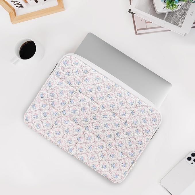 MOSISO 13-14 inch Laptop Case, 13.3 inch Puffy Laptop Sleeve Compatible with MacBook Air 13.6 M4 M3 M2 M1/Pro 13/Pro 14, HP Dell ASUS Lenovo, Square Quilted Carrying Bag with Small Case, Floral Grid