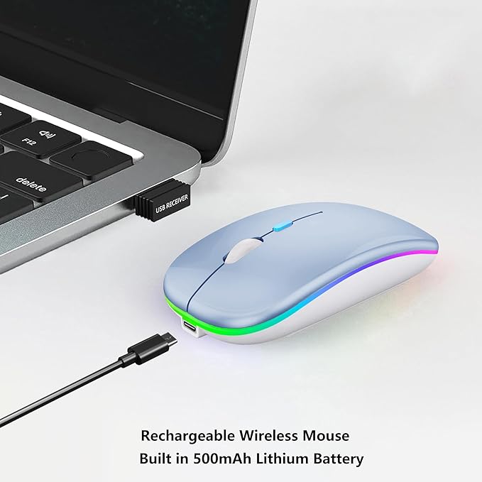 WREANU Wireless Bluetooth Mouse Rechargeable Laptop Mice with LED Lights Silent Slim Use(BT5.2 and 2.4G Portable USB) Dual Mode Computer Mouse for Laptop/iPad/Tablet/Apple/Computer/Mac (Blue)
