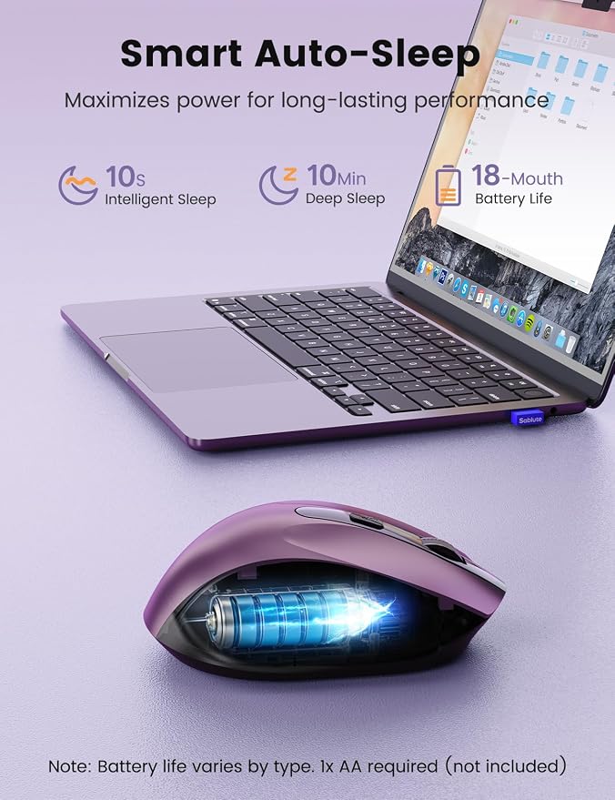SABLUTE Purple Wireless Mouse for Laptop, 2.4GHz Computer Mouse with USB-A&C Receiver, Office Cordless Mice with 6 Buttons & 3 Level DPI for Small to Medium Hands, Compatible with PC, Desktop, Tablet