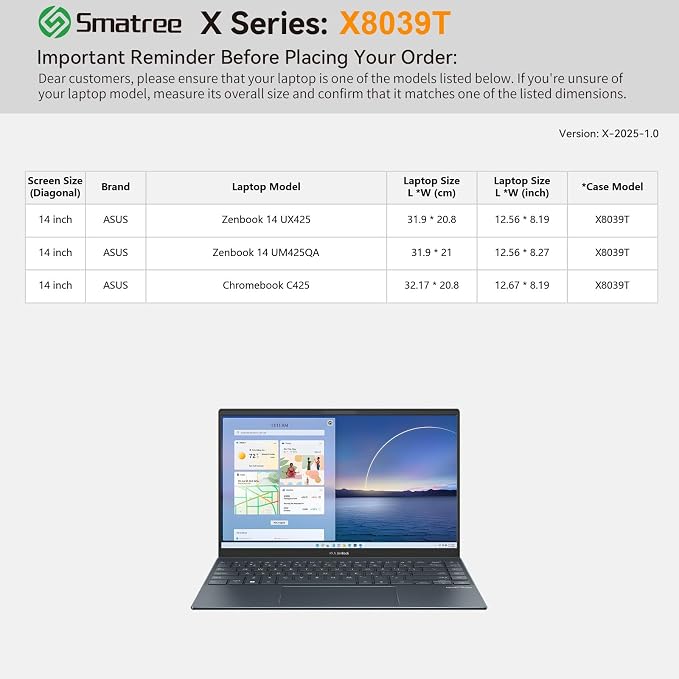 Smatree Hard EVA Protective Sleeve Compatible for 14 inch ASUS Chromebook Plus C425, for Zenbook 14 UM425QA/UX425, Waterproof and Anti-Shock Sleeve Case (X8039T)