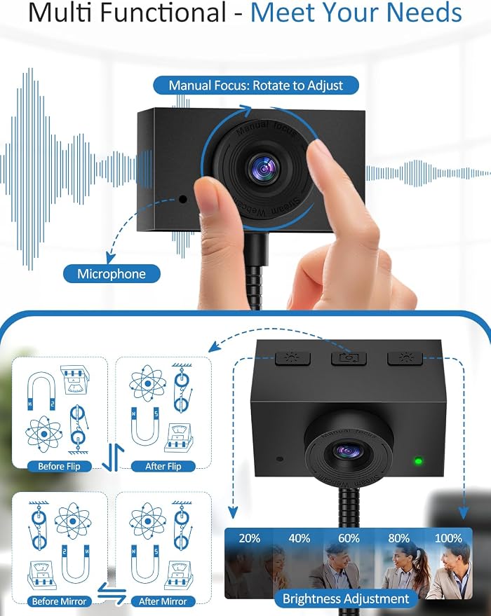 Webcam for PC, Streaming Camera, Web Camera for Desktop/Laptop Computer Webcam with Microphone, Plug and Play USB Web Cam with Bracket, Manual Focus, for Live Streaming, Video Calls (Black, 1080P)