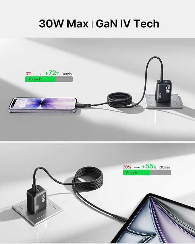 INIU USB C Charger Block, 30W PD QC GaN Fast Charging with 5FT Type C Cable & Advanced Protection, Wall Charger with Foldable Plug for iPhone 17 16 15 Pro Max iPad, Samsung S26 S25 Ultra, Pixel 10 9