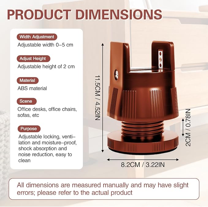 Adjustable Furniture Risers,Heavy Duty Bed Risers, 2.36 in to 3.15 in Leg Lifts with Clamp Design, Heavy Duty Clamp On Levelers for Chair Table Sofa Cabinet Legs (Brown)