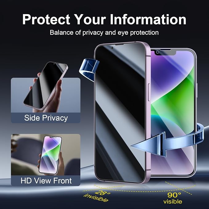 NEW'C 3x Privacy for iPhone 14 Screen Protector (6.1 inches)+ 3x Camera Lens Protector, Sensor Protection, Case Friendly Tempered Glass Film +Dust Plug - Enhanced Privacy Angle of 28 Degrees