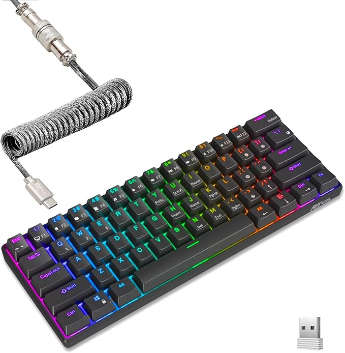 RK ROYAL KLUDGE RK61 60% Mechanical Gaming Keyboard with Coiled Cable, 2.4Ghz/Bluetooth/Wired, Wireless Bluetooth Mini Keyboard 61 Keys, RGB Hot-Swappable Red Switch, Ergonomic Design - Black